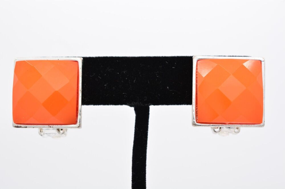 Vintage Lucite Clip On Earrings Faceted Orange Bright Silver Chunky 1990s BinAA